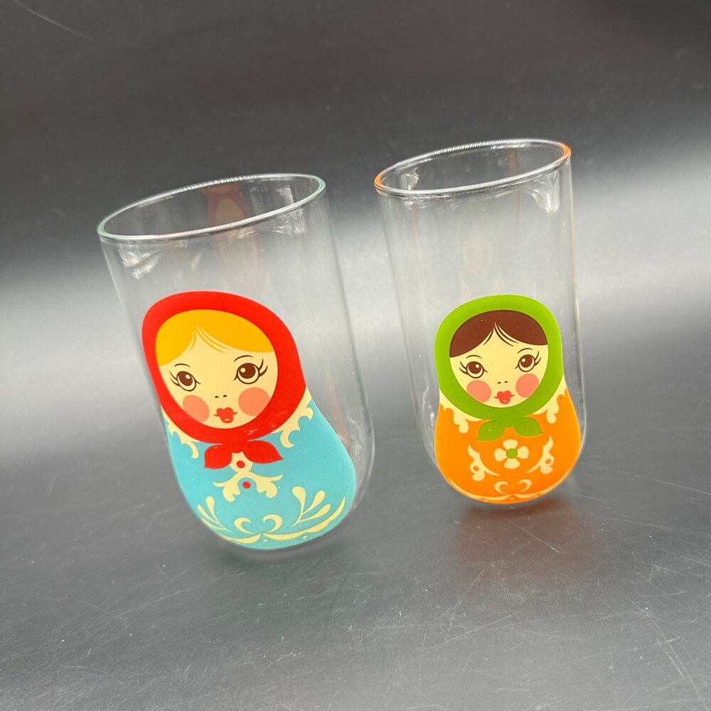 Russian Doll Nesting Glass Cups Tumblers Fred Babushkups 2010 Set Of 2 Kitschy